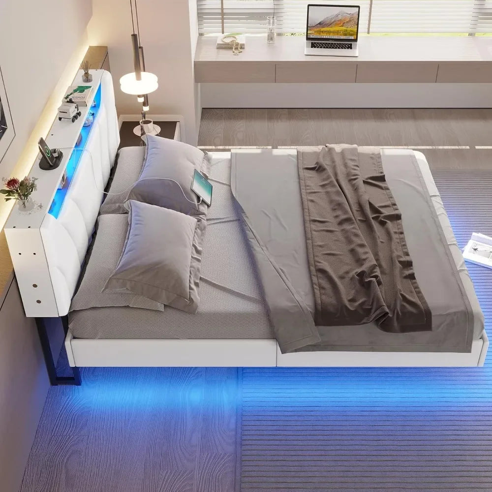 Floating Full Bed Frame with LED, USB & Type-C Ports