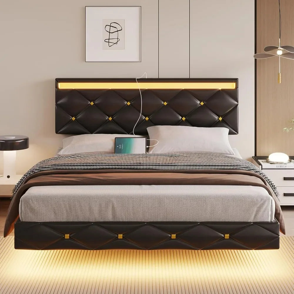 Queen Floating Bed Frame with Faux Leather Headboard