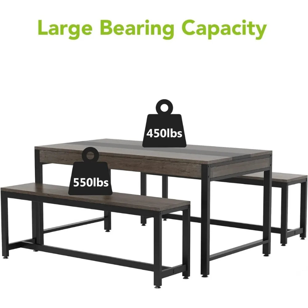Large Dining Table Set with 2 Benches & Drawer