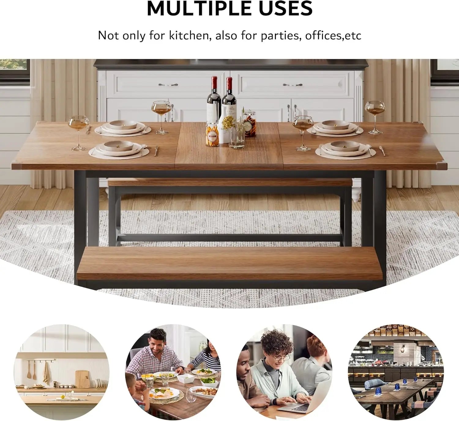 Extendable Dining Table Set for 4-6 with 2 Benches