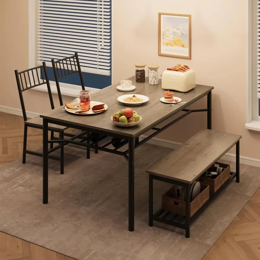 Dining Table Set for 4 with Storage Bench & Wine Rack