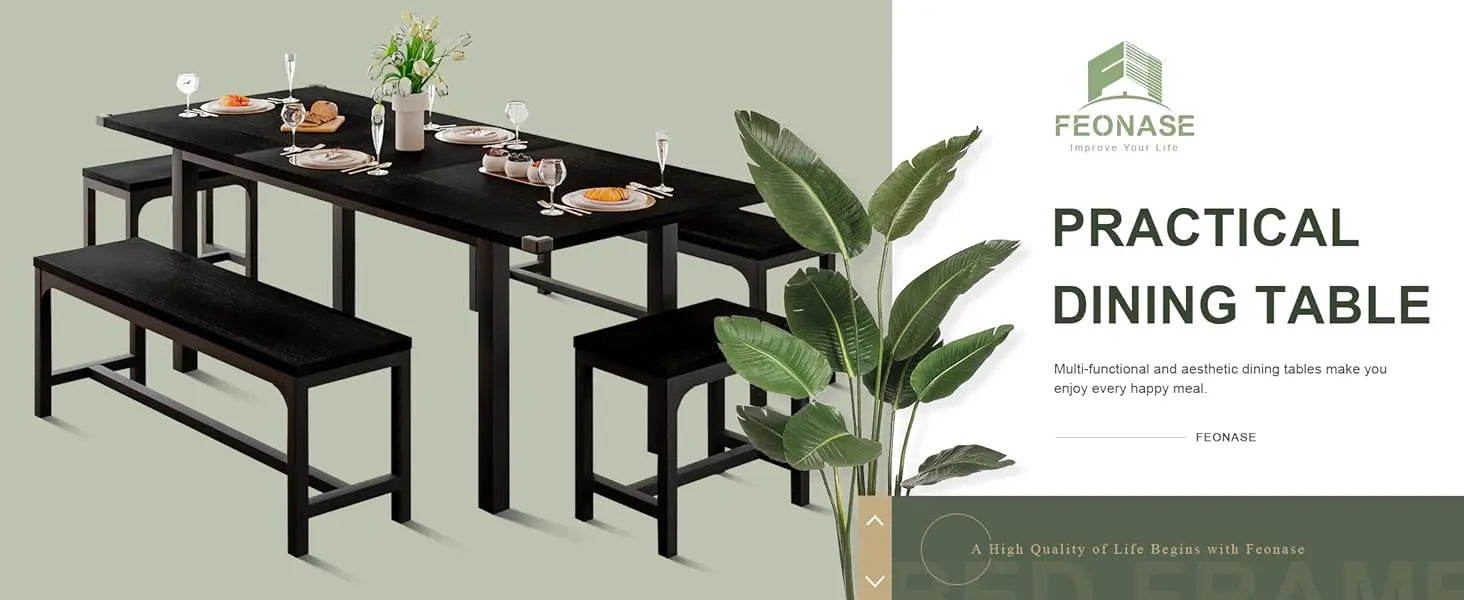 Extendable Dining Table Set with Benches & Stools