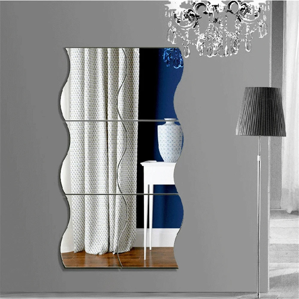 6pcs 3D Wave Square Mirror Wall Stickers for Home Decor