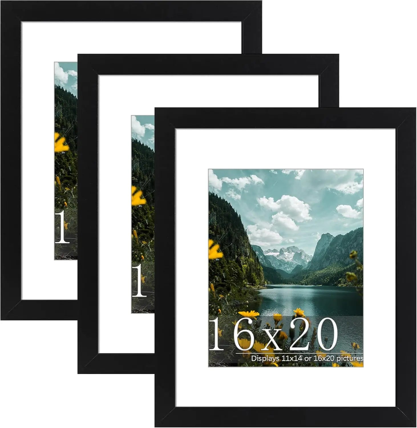 16x20 Picture Frame 3 Pack, Black, with Mat for 11x14