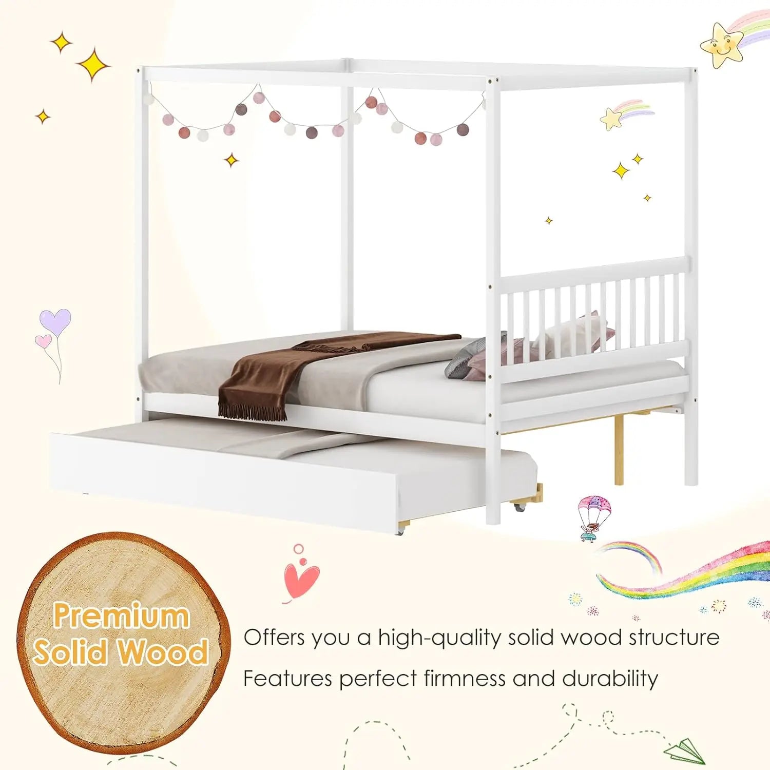 Wood Canopy Bed with Trundle, Full Size Kids Solid Wood Platform Bed Frame with Headboard, Modern Space Saving Full Bed with Twi