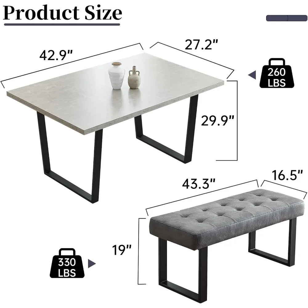3 Piece Dining Table Set with Gray Bench, Modern Kitchen Table with Right Seat Corner Bench and Bench for Family Dining Room