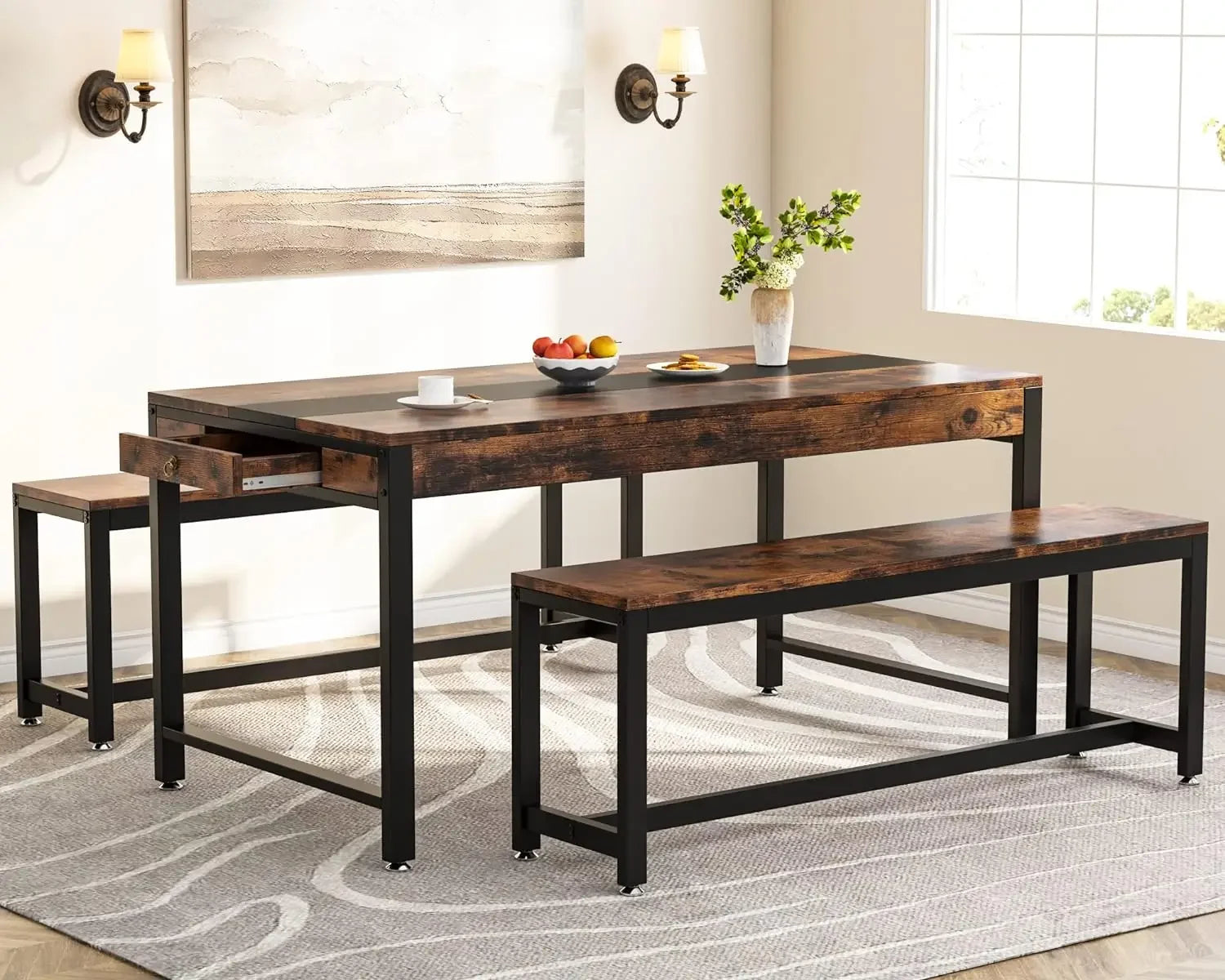 Large Dining Table Set with 2 Benches & Drawer