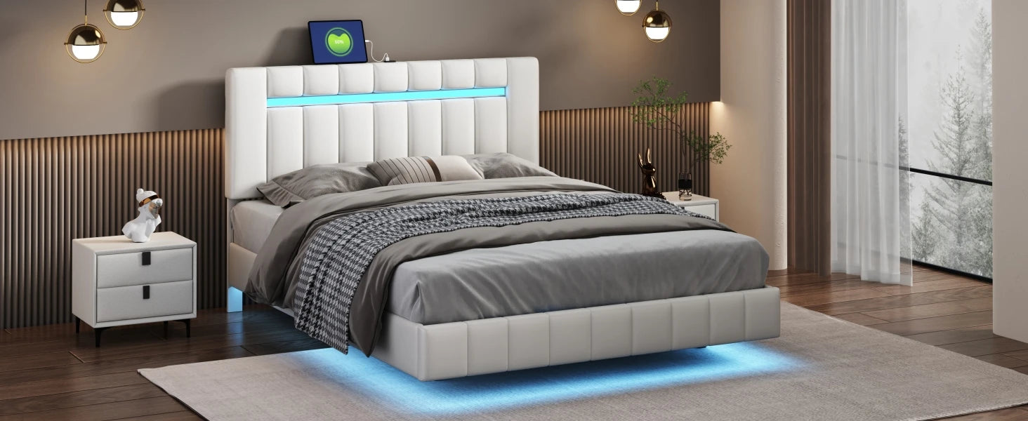 Floating Bed Frame with LED Lights & USB Charging - Queen/Full