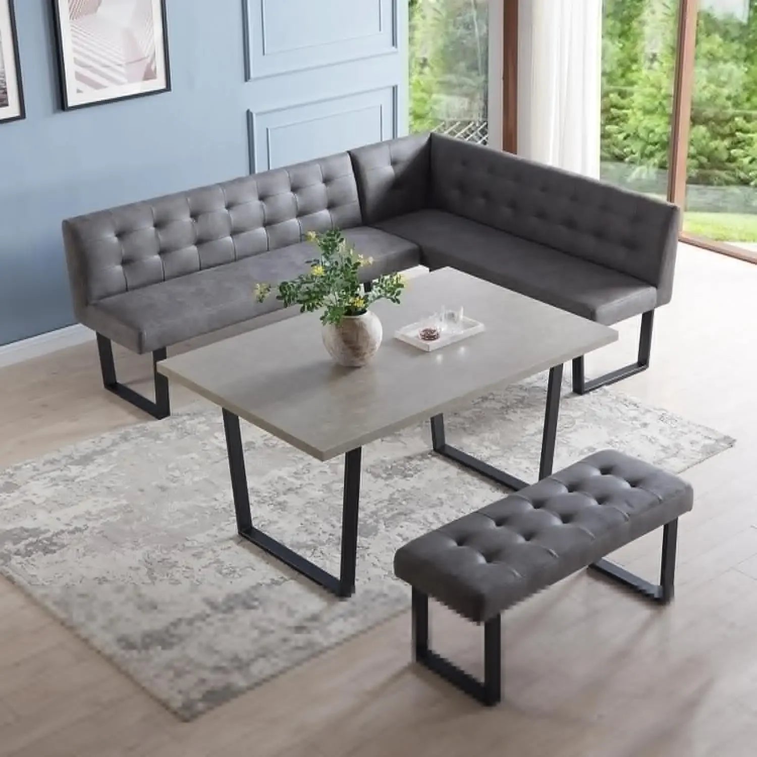 3 Piece Dining Table Set with Gray Bench, Modern Kitchen Table with Right Seat Corner Bench and Bench for Family Dining Room