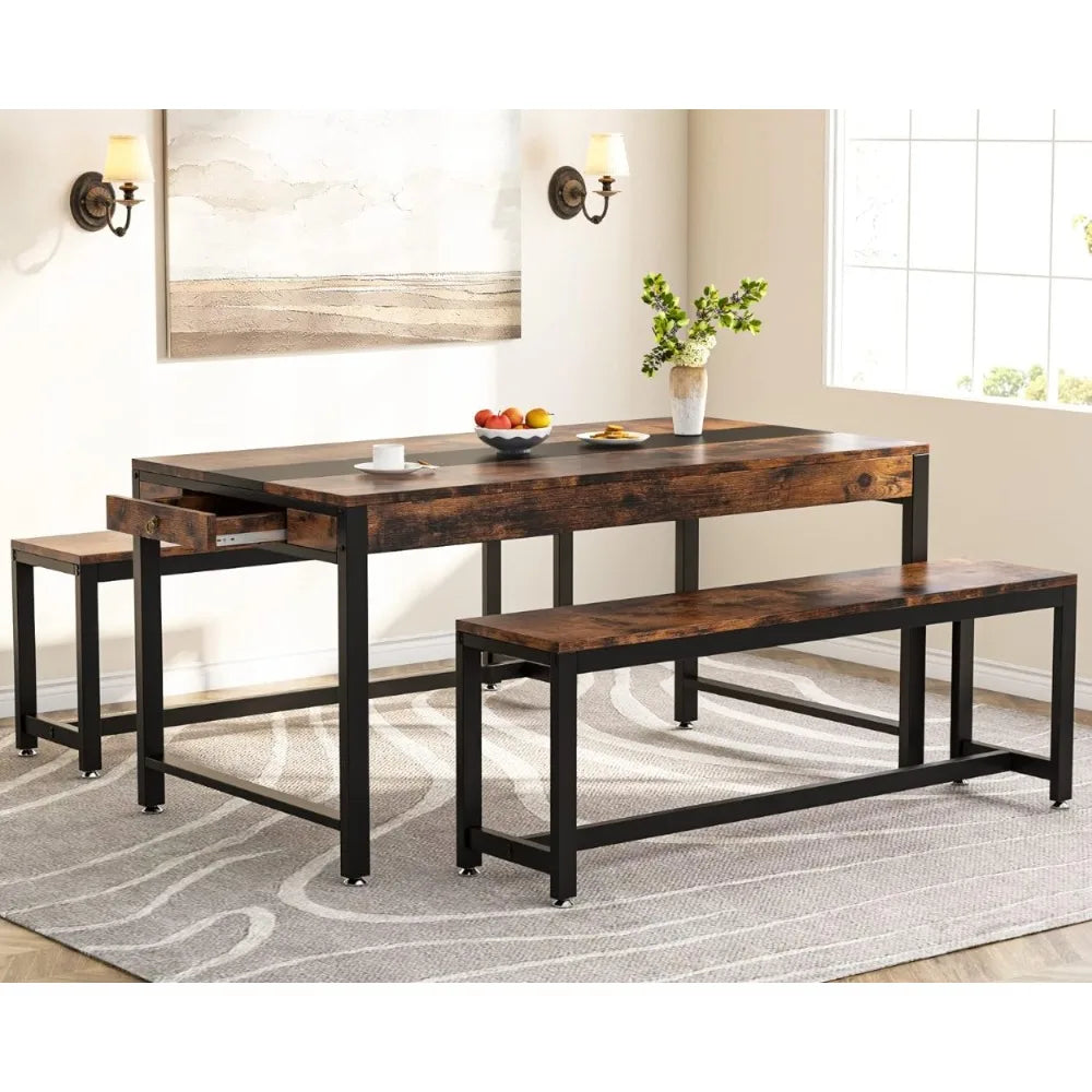Large Dining Table Set with 2 Benches & Drawer