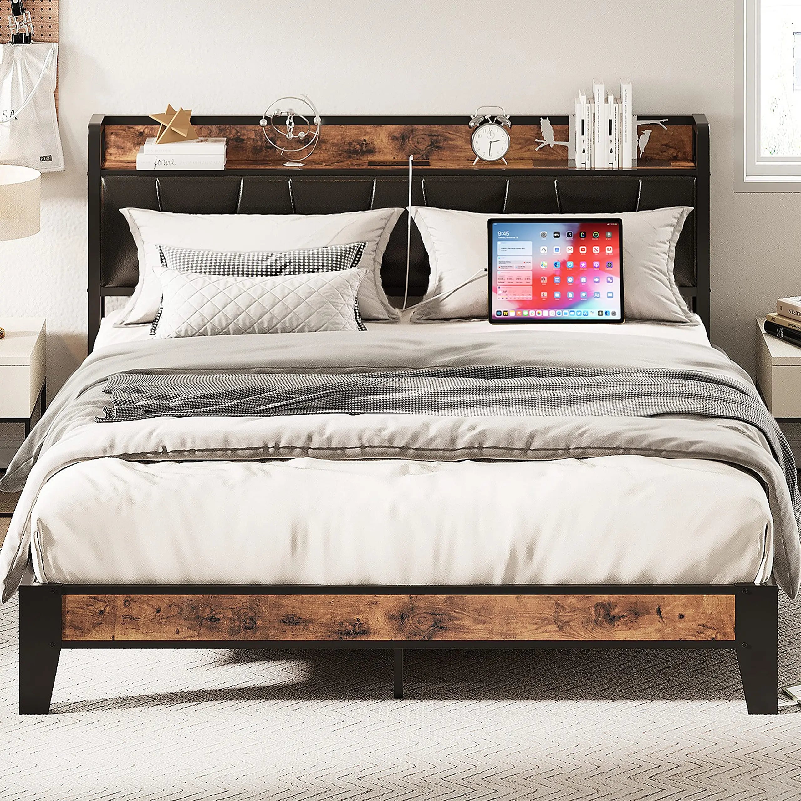 Floating Bed Frame with Storage Headboard & Charging Port