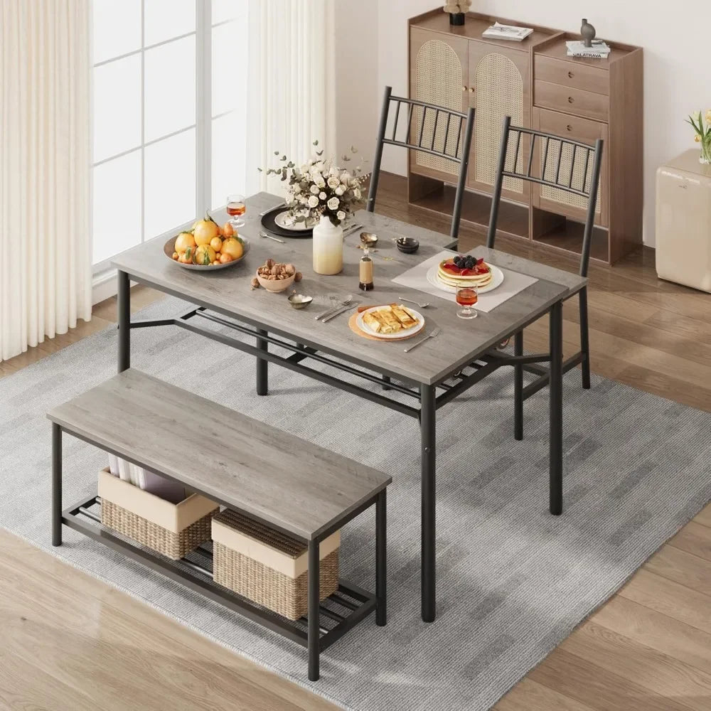 Dining Table Set for 4 with Storage Bench & Wine Rack