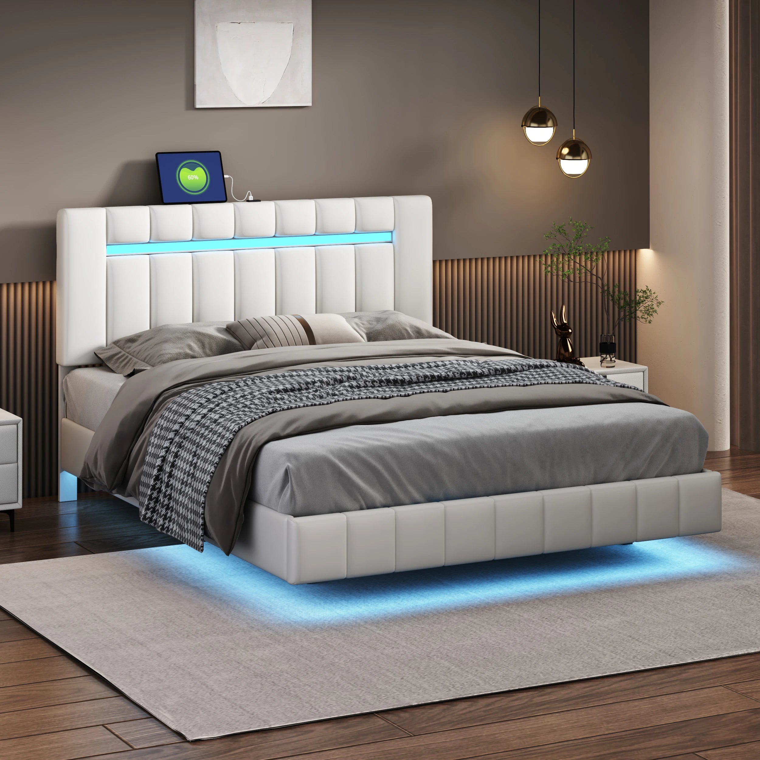 Floating Bed Frame with LED Lights & USB Charging - Queen/Full