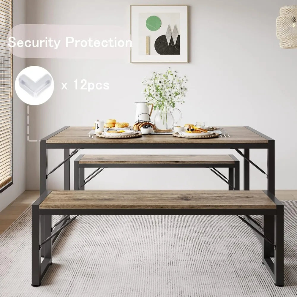 Space-Saving Dining Table Set with 2 Benches