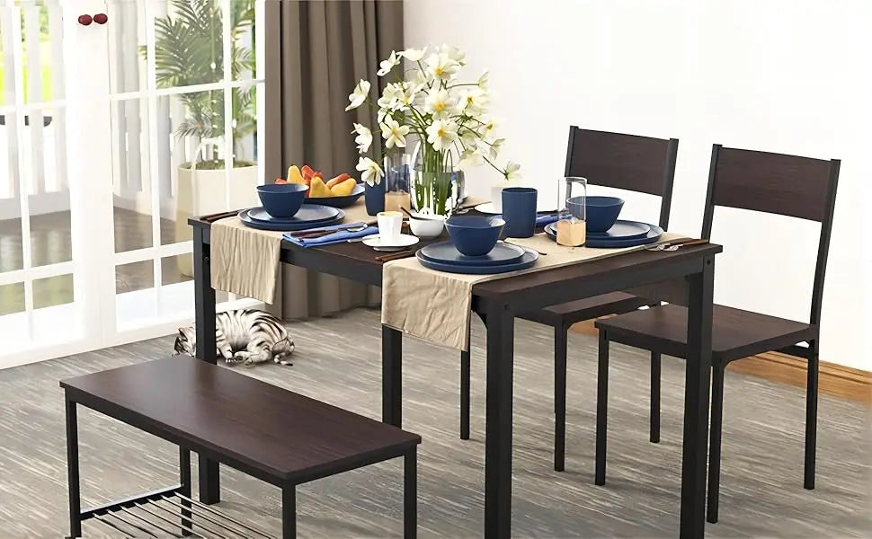Dining Table Set for 4 with Chairs & Bench, 4-Piece