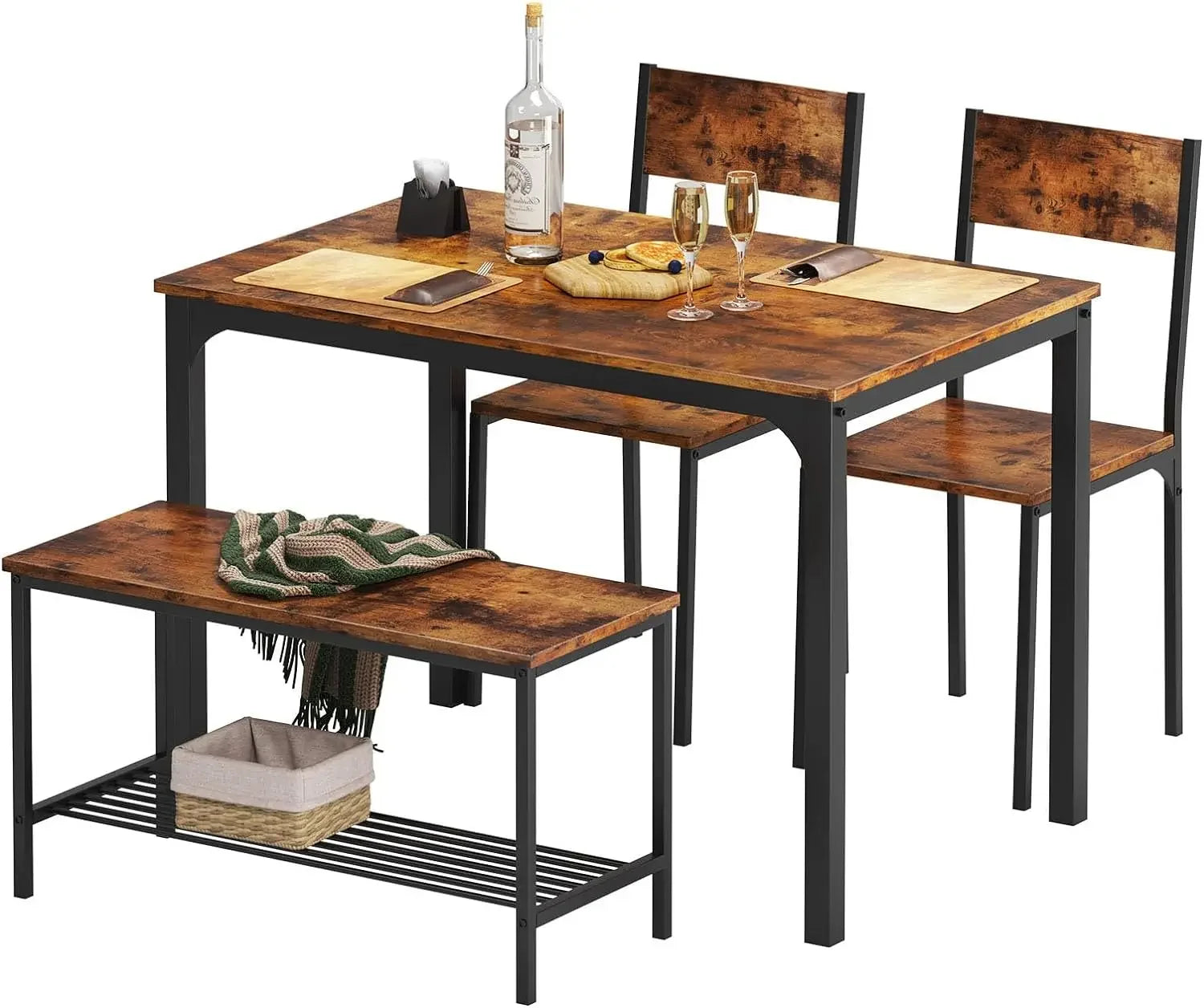 Dining Table Set for 4 with Chairs & Bench, 4-Piece