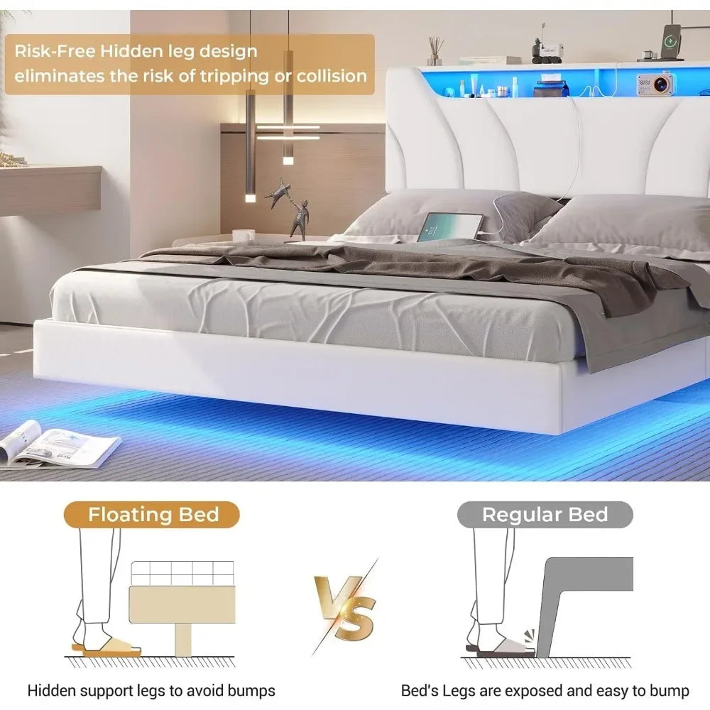 Floating Full Bed Frame with LED, USB & Type-C Ports