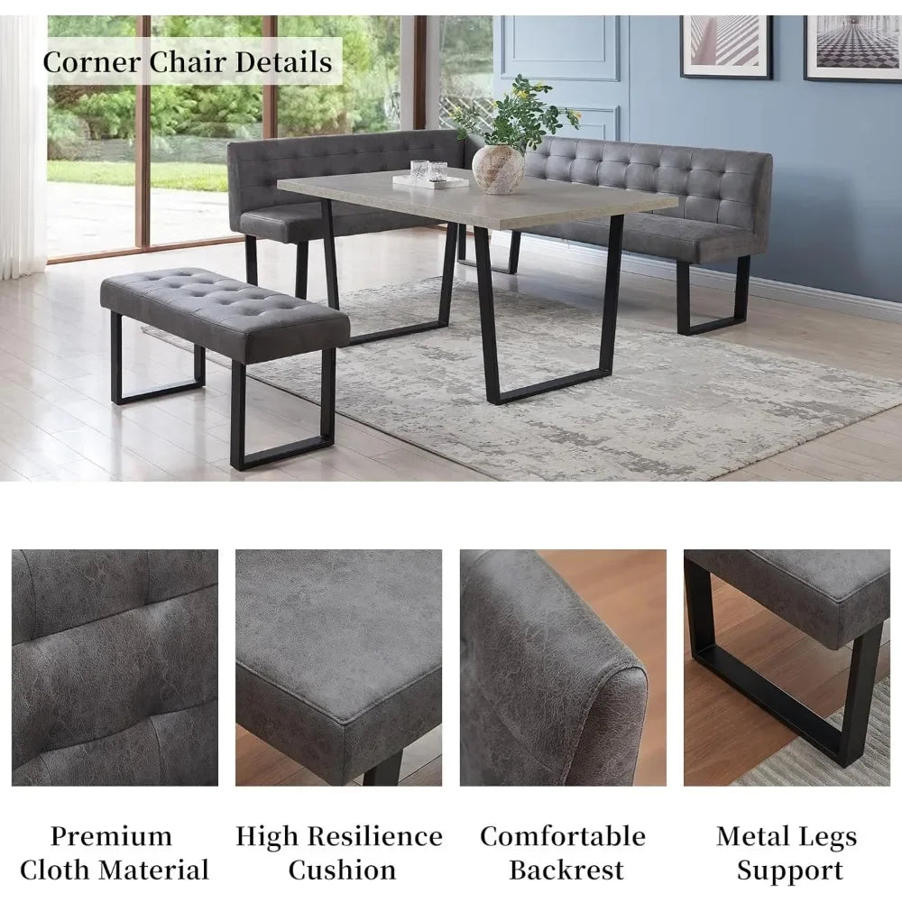 3 Piece Dining Table Set with Gray Bench, Modern Kitchen Table with Right Seat Corner Bench and Bench for Family Dining Room