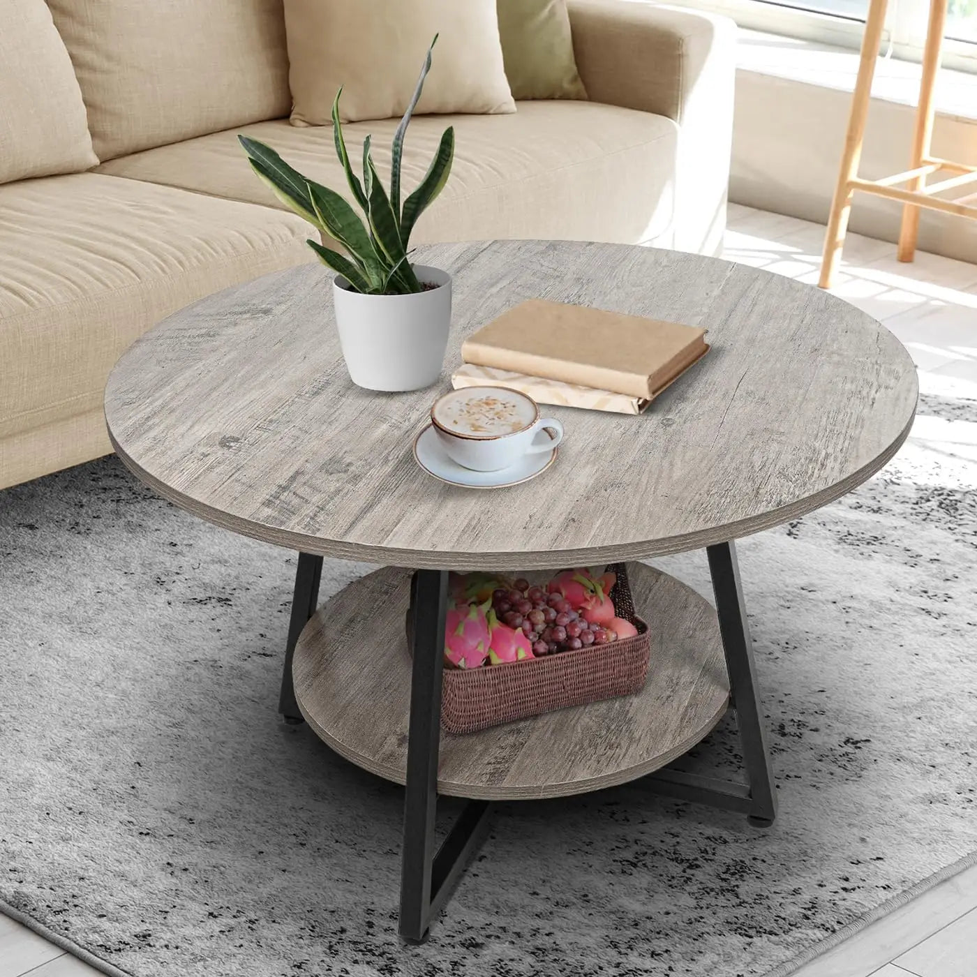 2-Tier Round Coffee Table with Storage