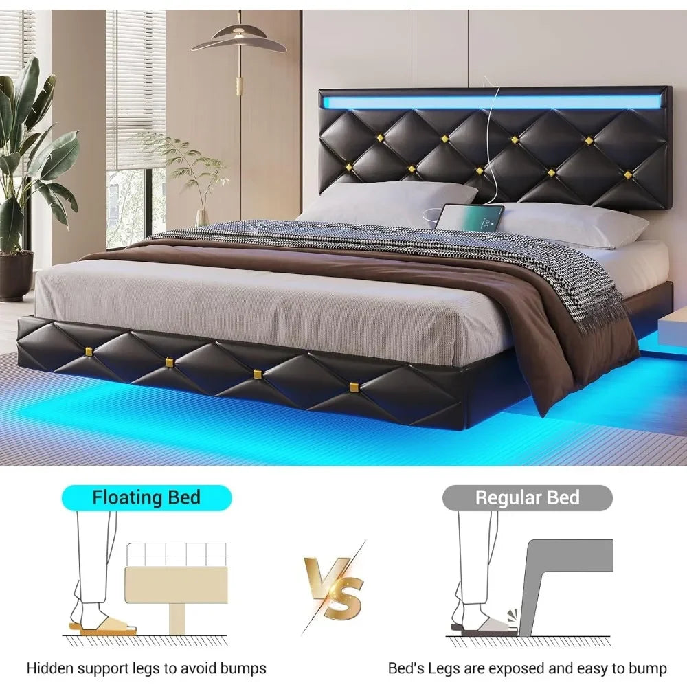 Queen Floating Bed Frame with Faux Leather Headboard