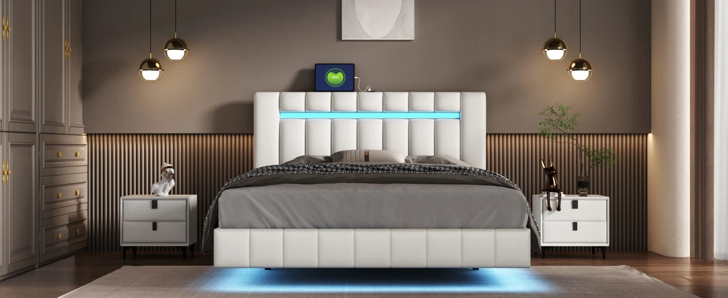 Floating Bed Frame with LED Lights & USB Charging - Queen/Full