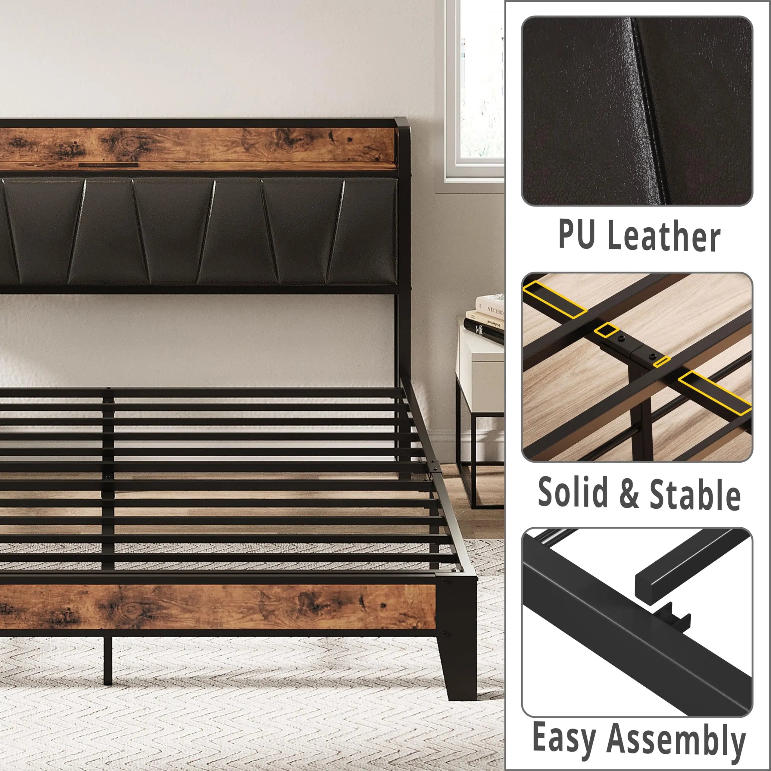 Floating Bed Frame with Storage Headboard & Charging Port