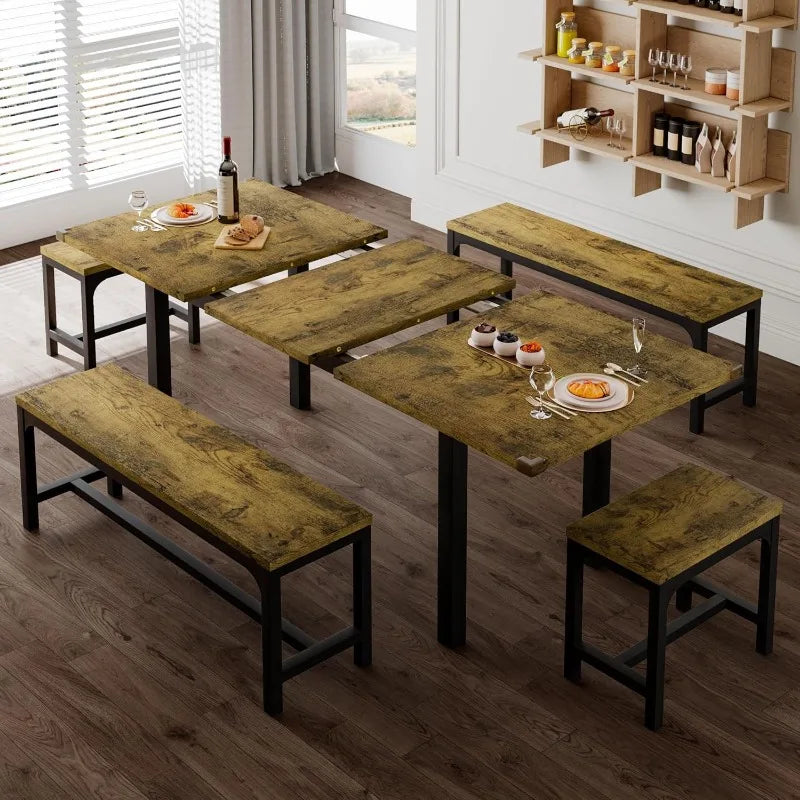 5-Piece Extendable Dining Table Set with 2 Benches