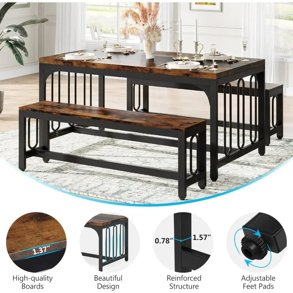 Dining Table Set for 4-6 with 2 Benches