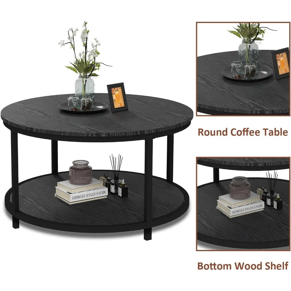 RustiTier 33.5" Round Coffee Table with Open Shelf