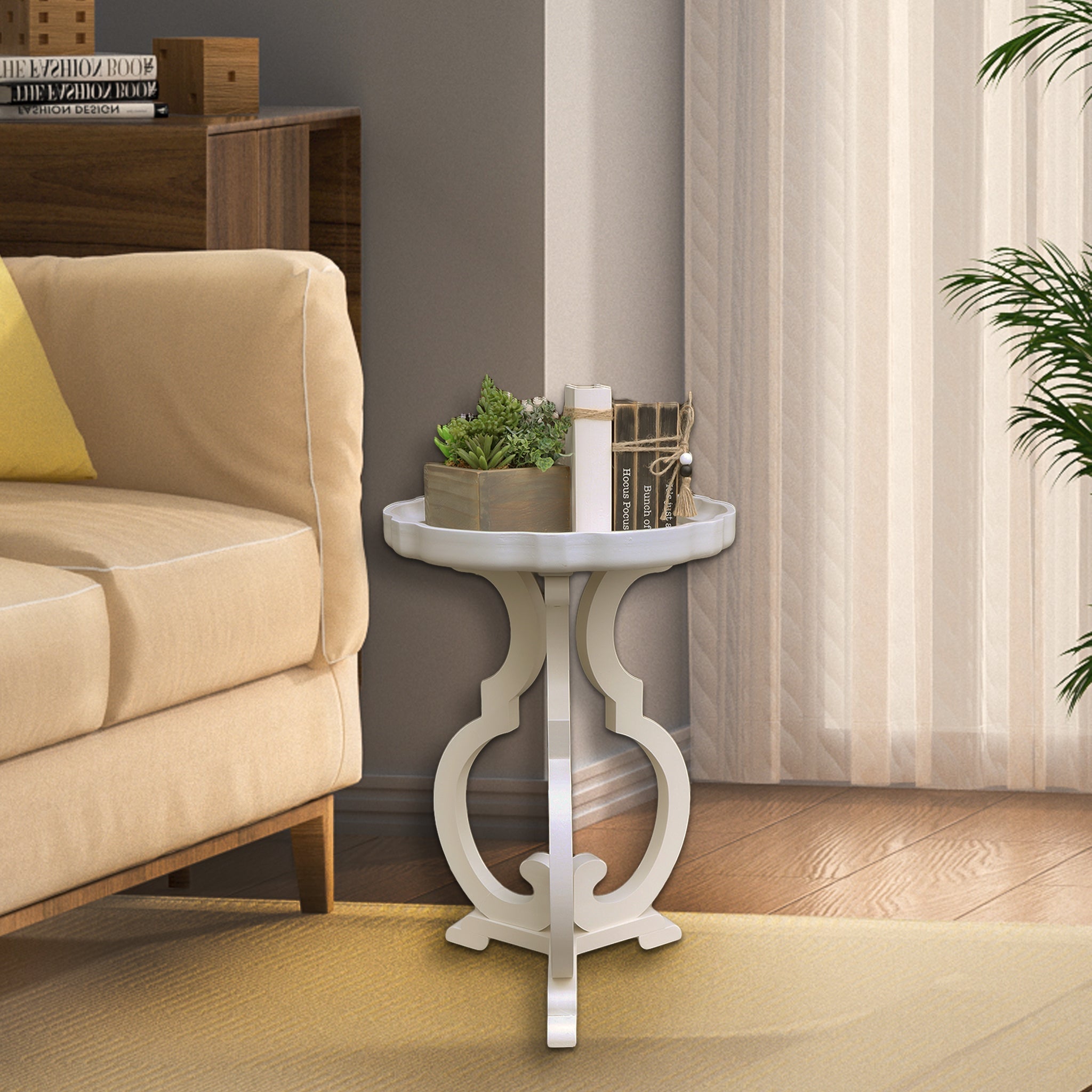 French Country Wood Side Table with Scalloped Edge Tray Top and Curved Legs