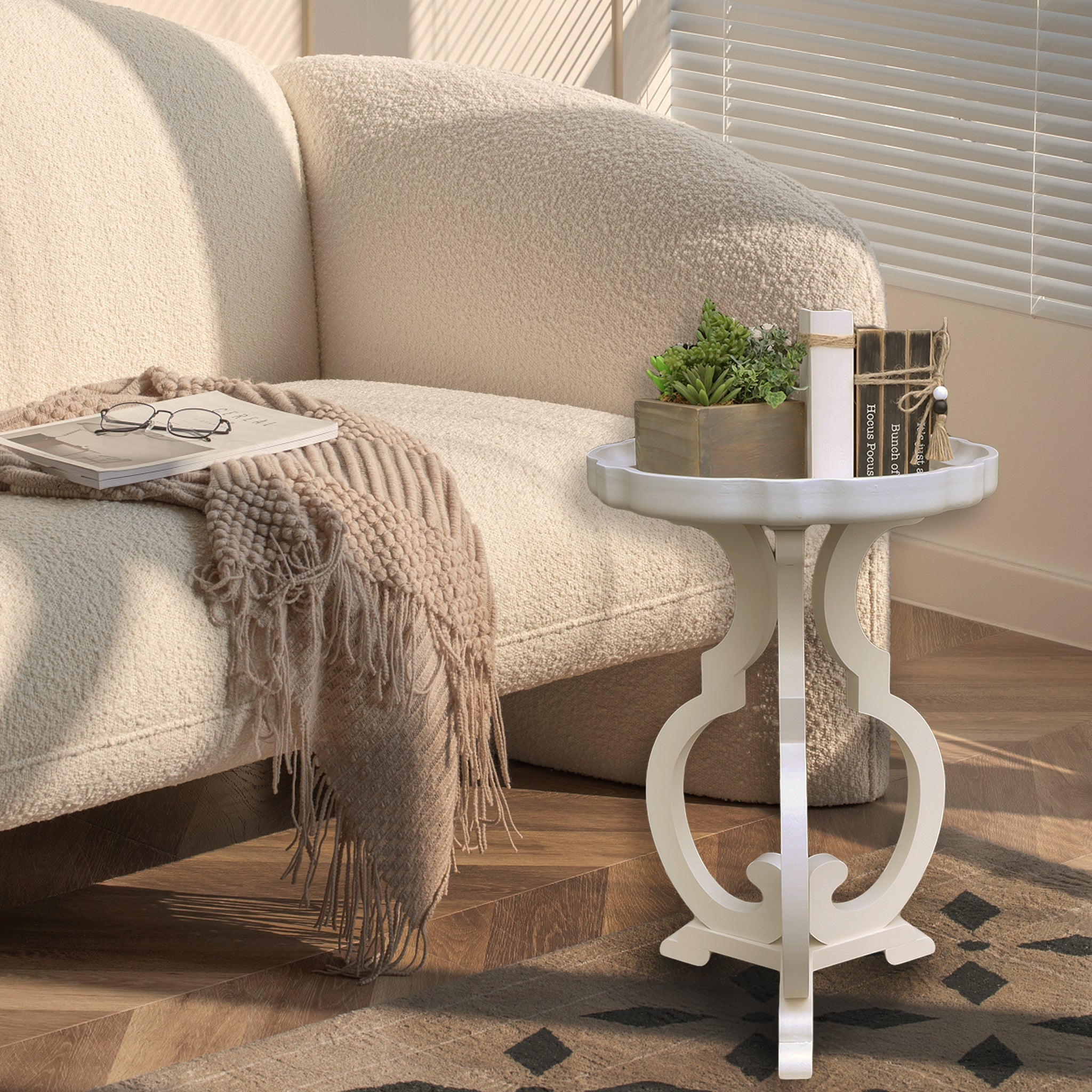 French Country Wood Side Table with Scalloped Edge Tray Top and Curved Legs