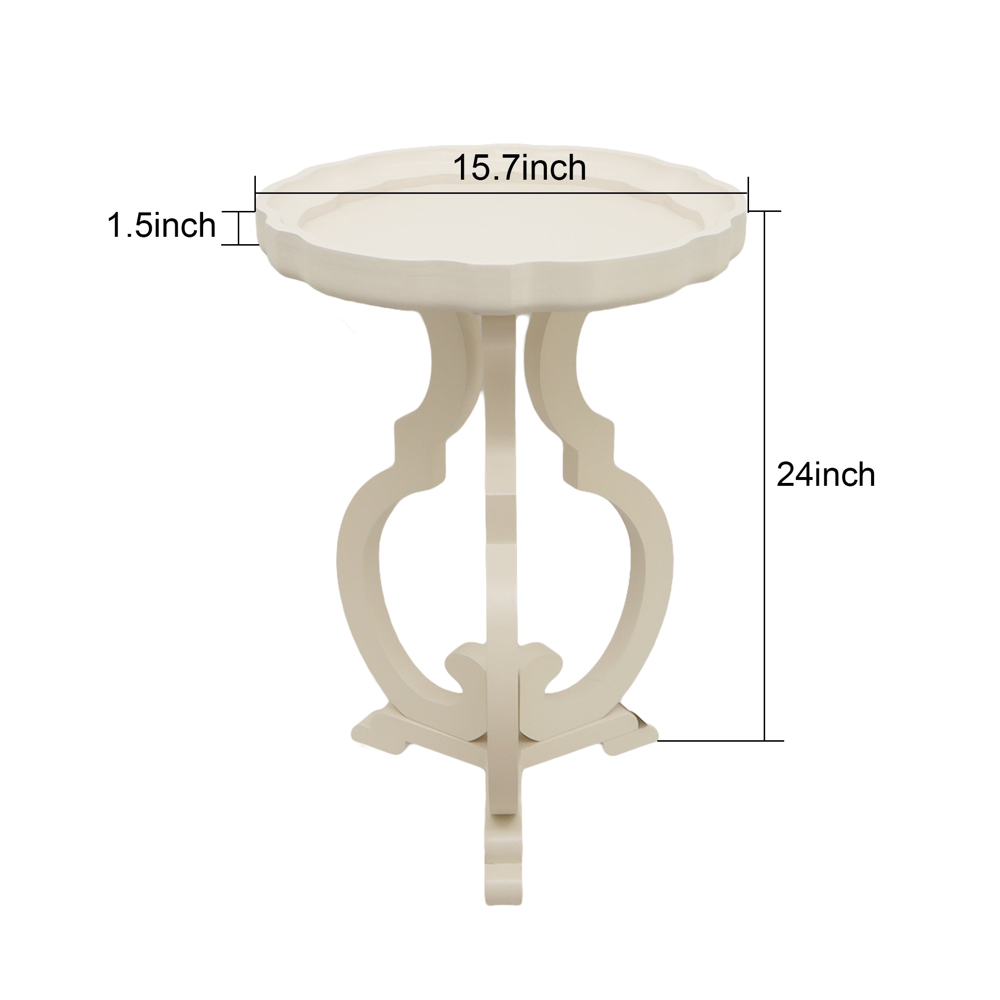 French Country Wood Side Table with Scalloped Edge Tray Top and Curved Legs