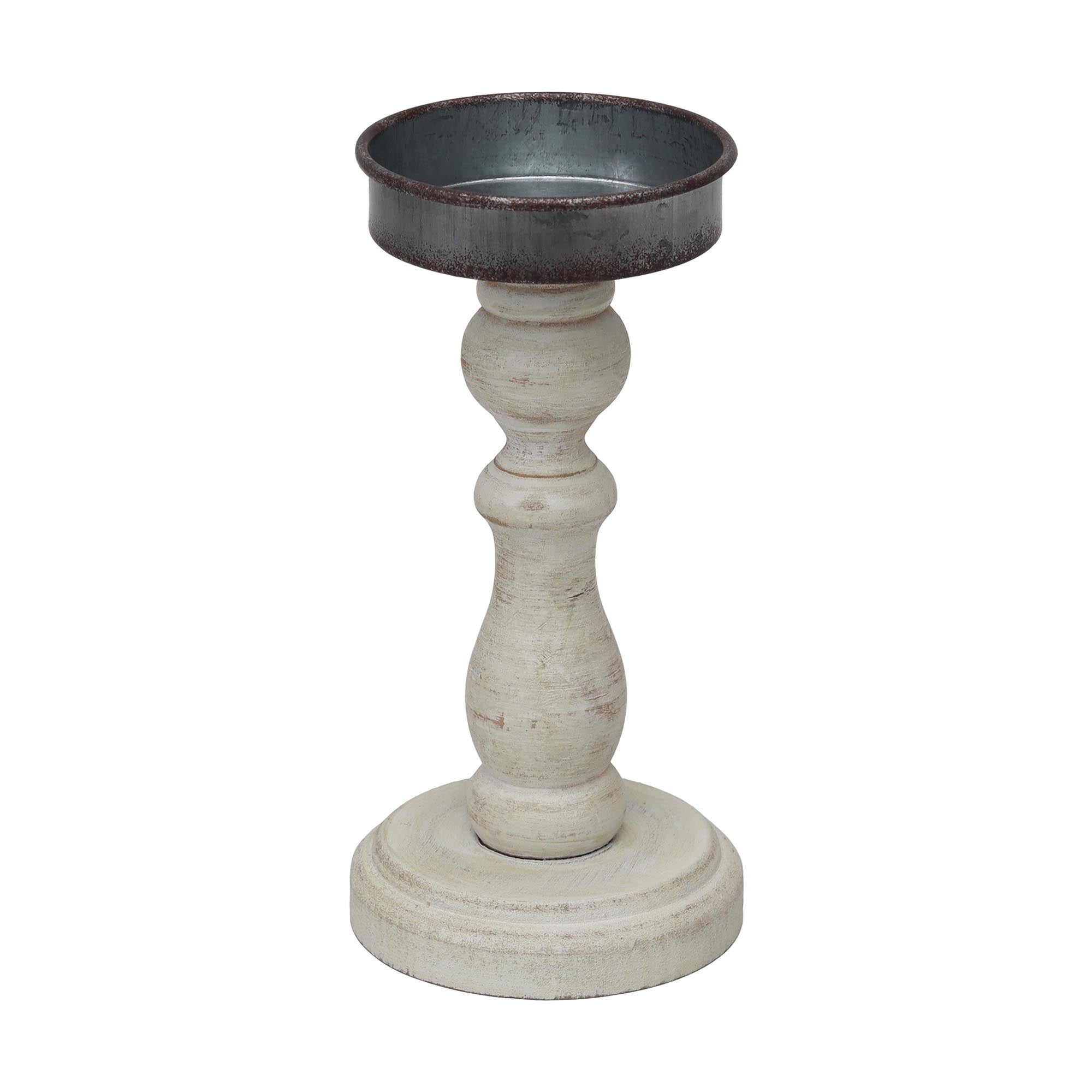 Hand Carved Wooden Pillar Candle Holder 8-7/8''H