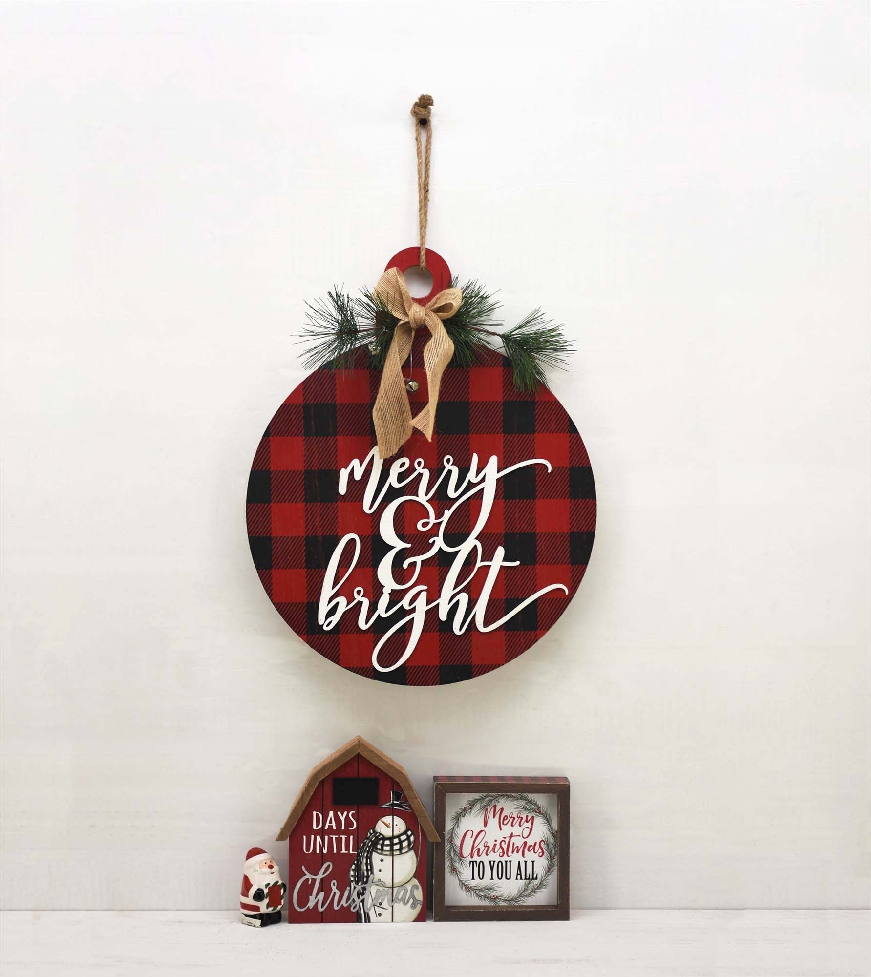 Merry and Bright Buffalo Check Christmas Wood Wall Ornament