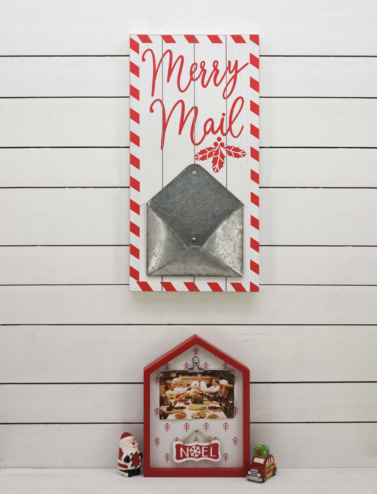 Merry Mail Wood and Metal Christmas Mail Holder