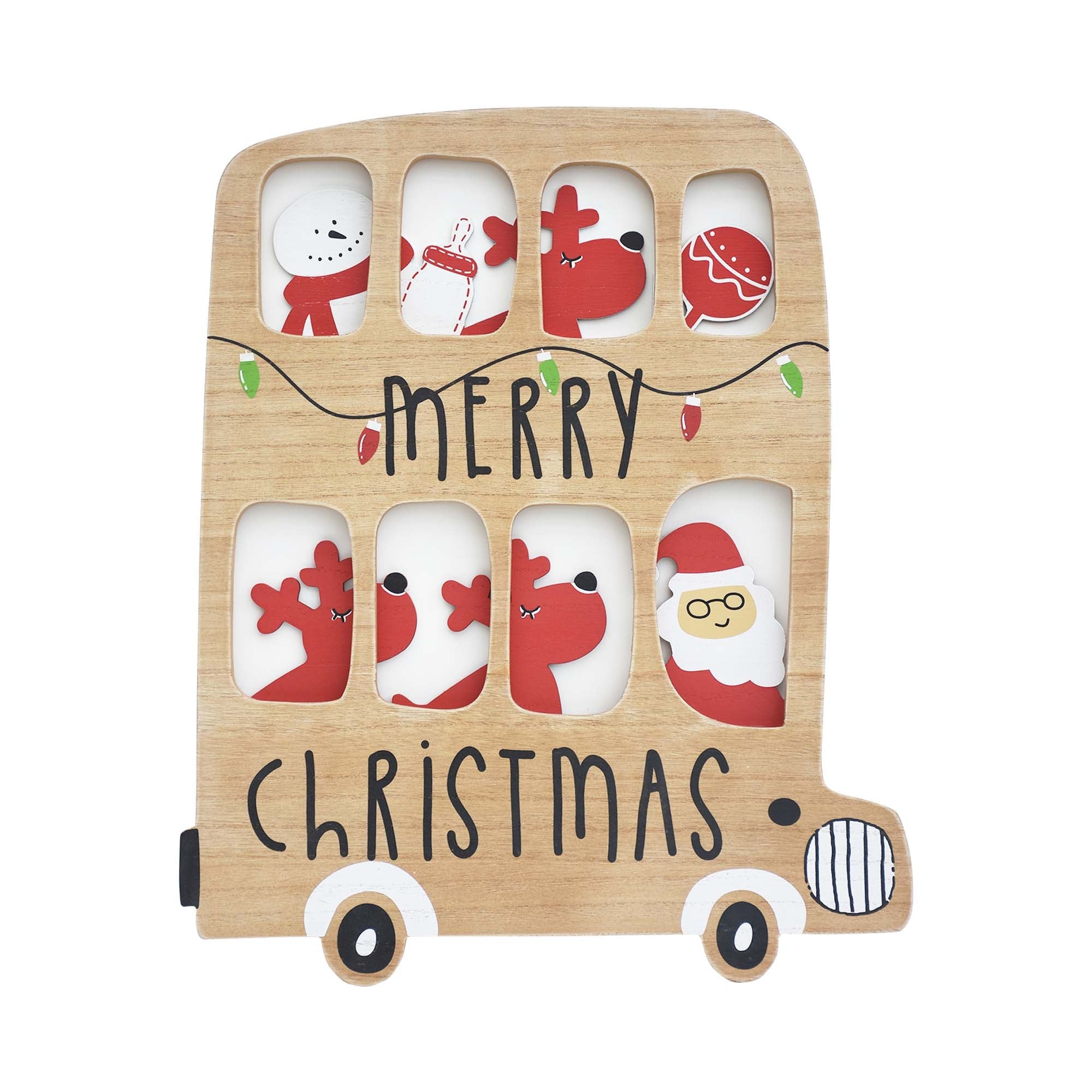 Merry Christmas Double Decker Bus Shaped Wood Wall Decor