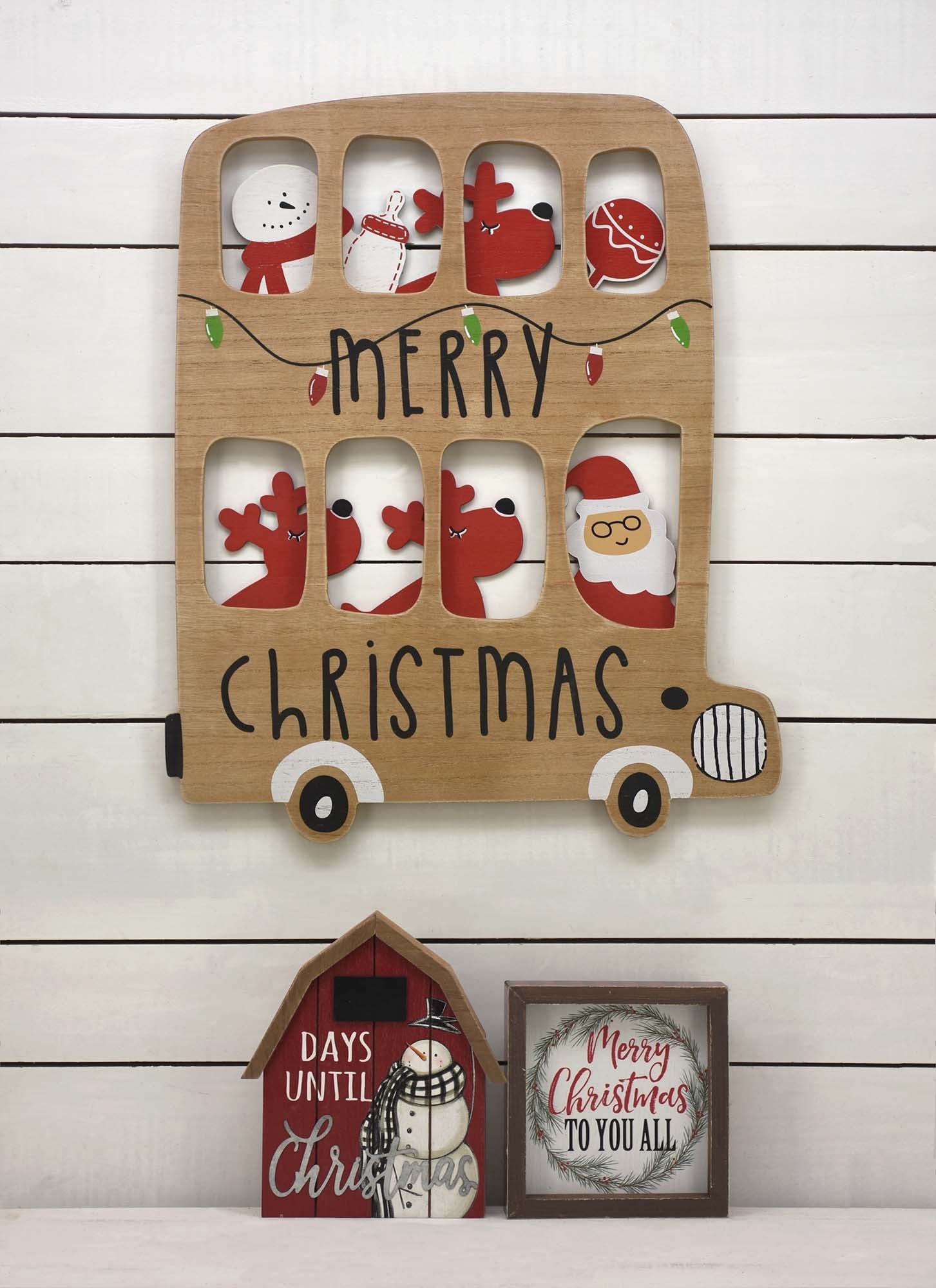 Merry Christmas Double Decker Bus Shaped Wood Wall Decor