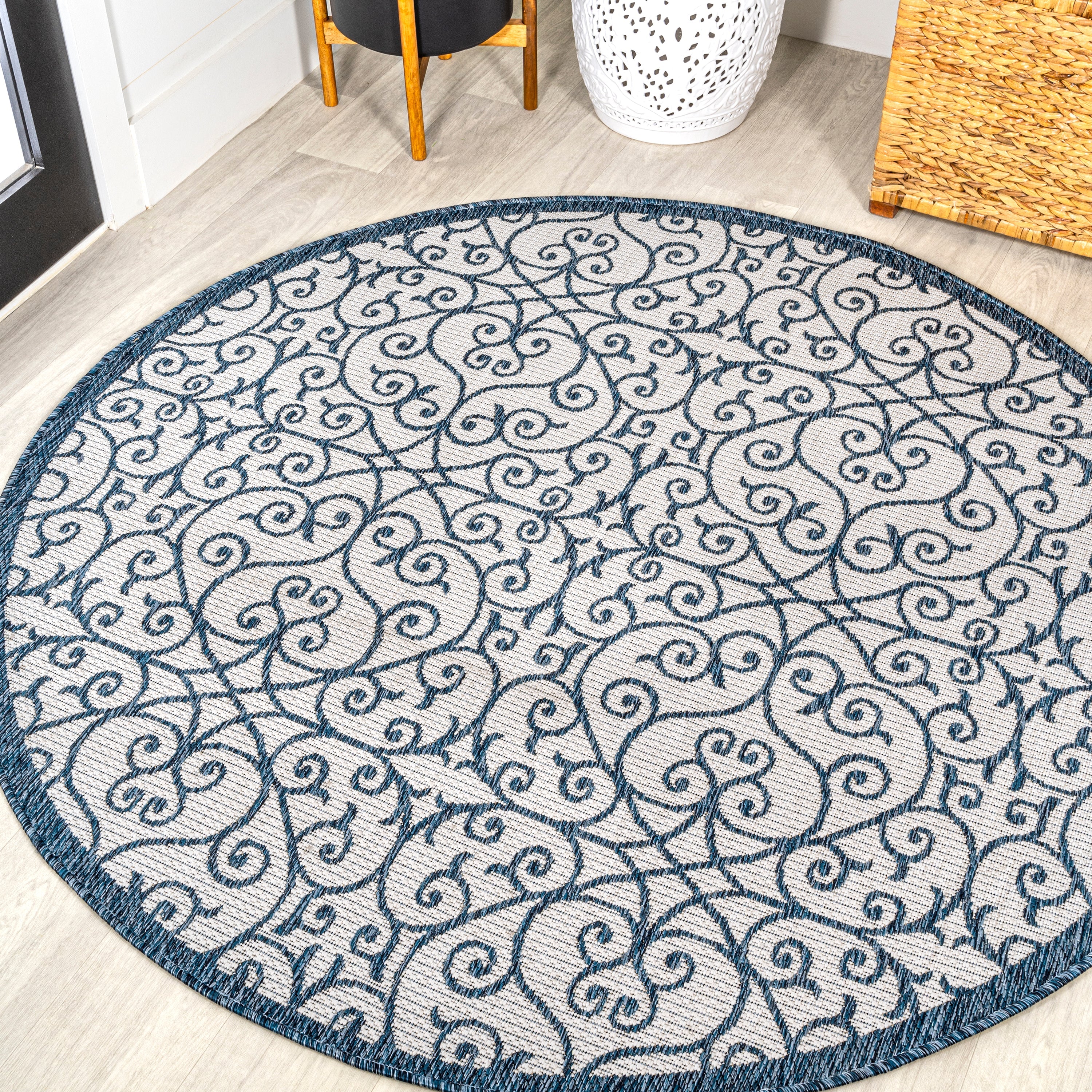 Madrid Vintage Filigree Textured Weave Indoor/Outdoor Round Area Rug