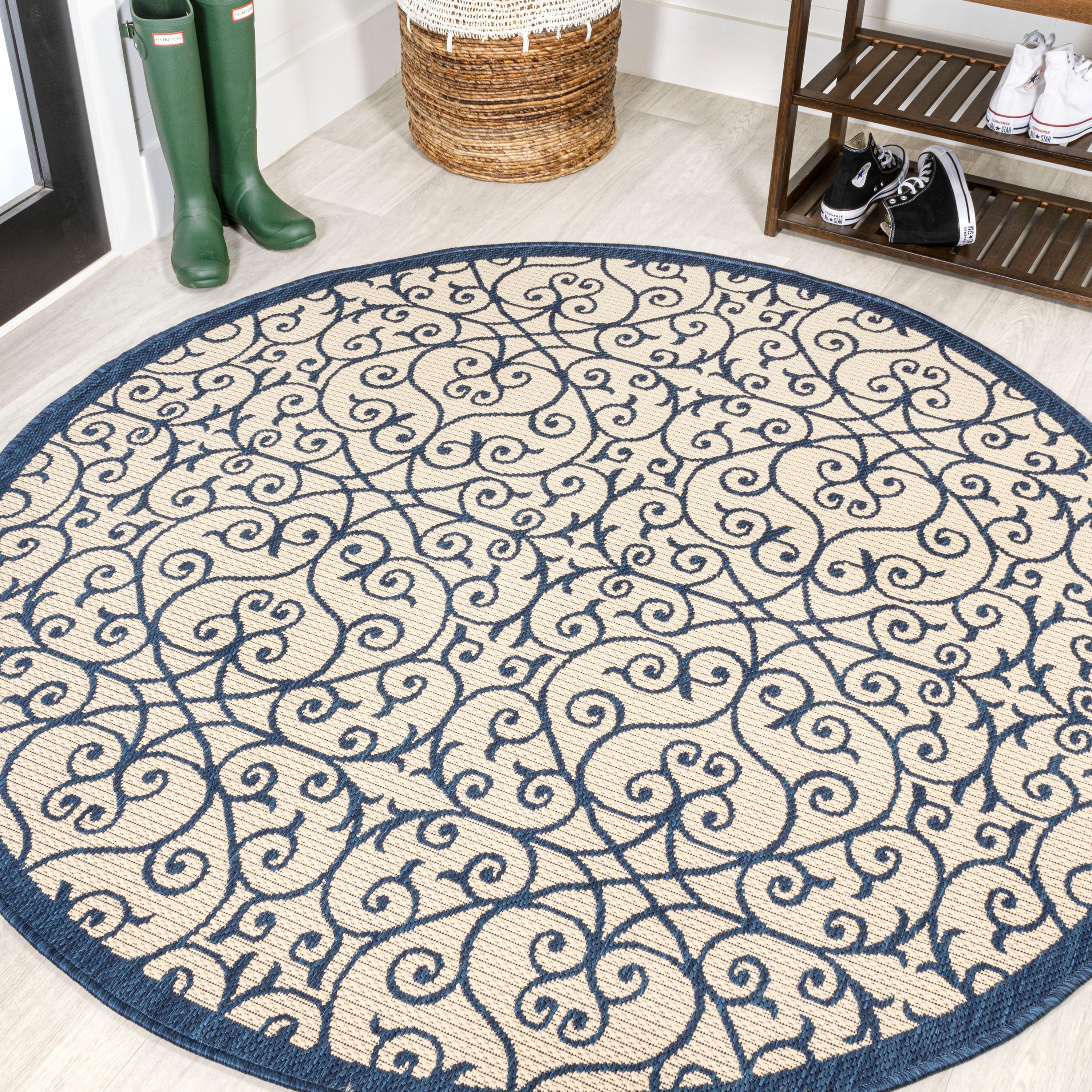 Madrid Vintage Filigree Textured Weave Indoor/Outdoor Round Area Rug