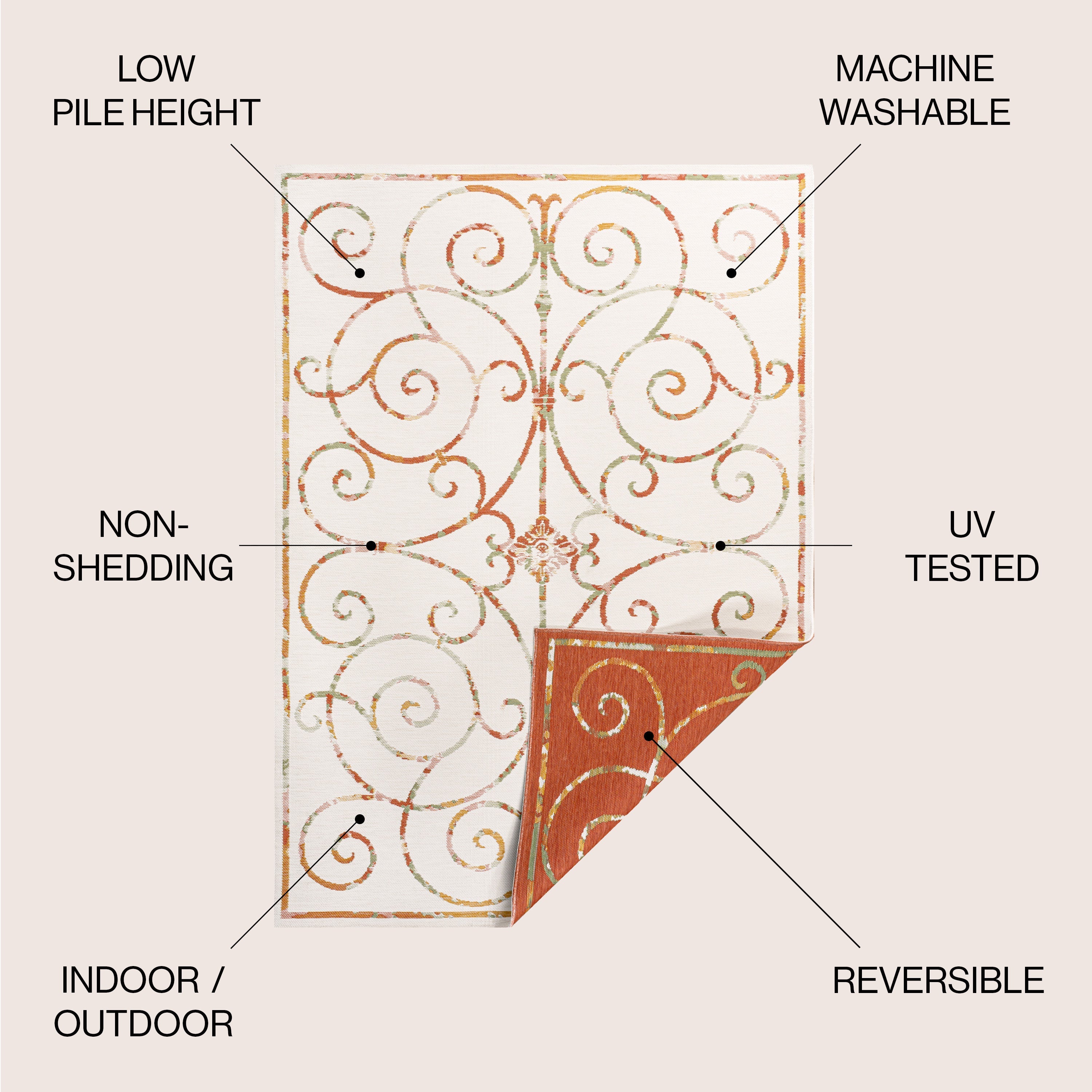 Danae Classic Cottage Filigree Scroll Reversible Machine-Washable Indoor/Outdoor Area Rug