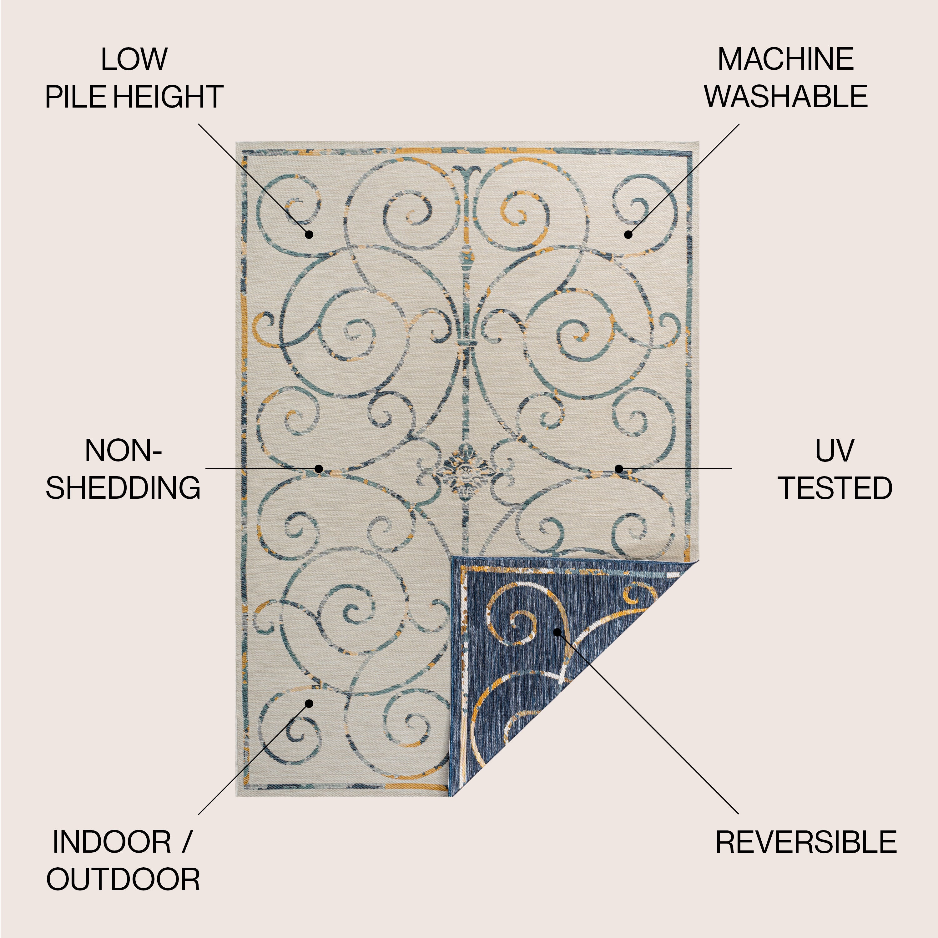 Danae Classic Cottage Filigree Scroll Reversible Machine-Washable Indoor/Outdoor Area Rug