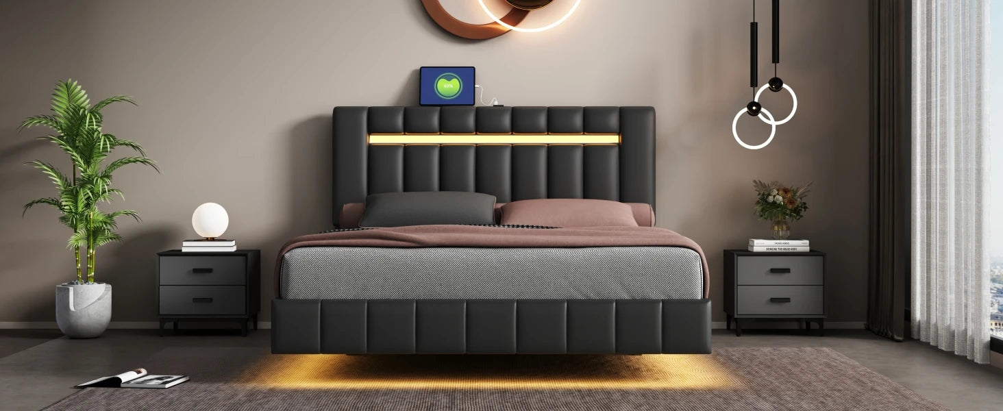 Floating Bed Frame with LED Lights & USB Charging - Queen/Full