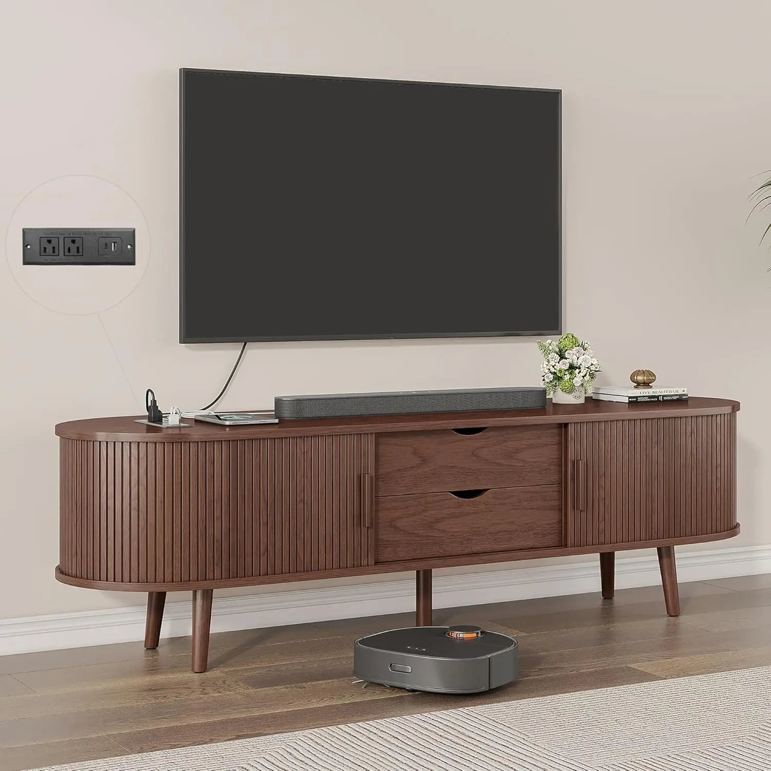 Mid-Century TV Stand with Charging Station & Storage