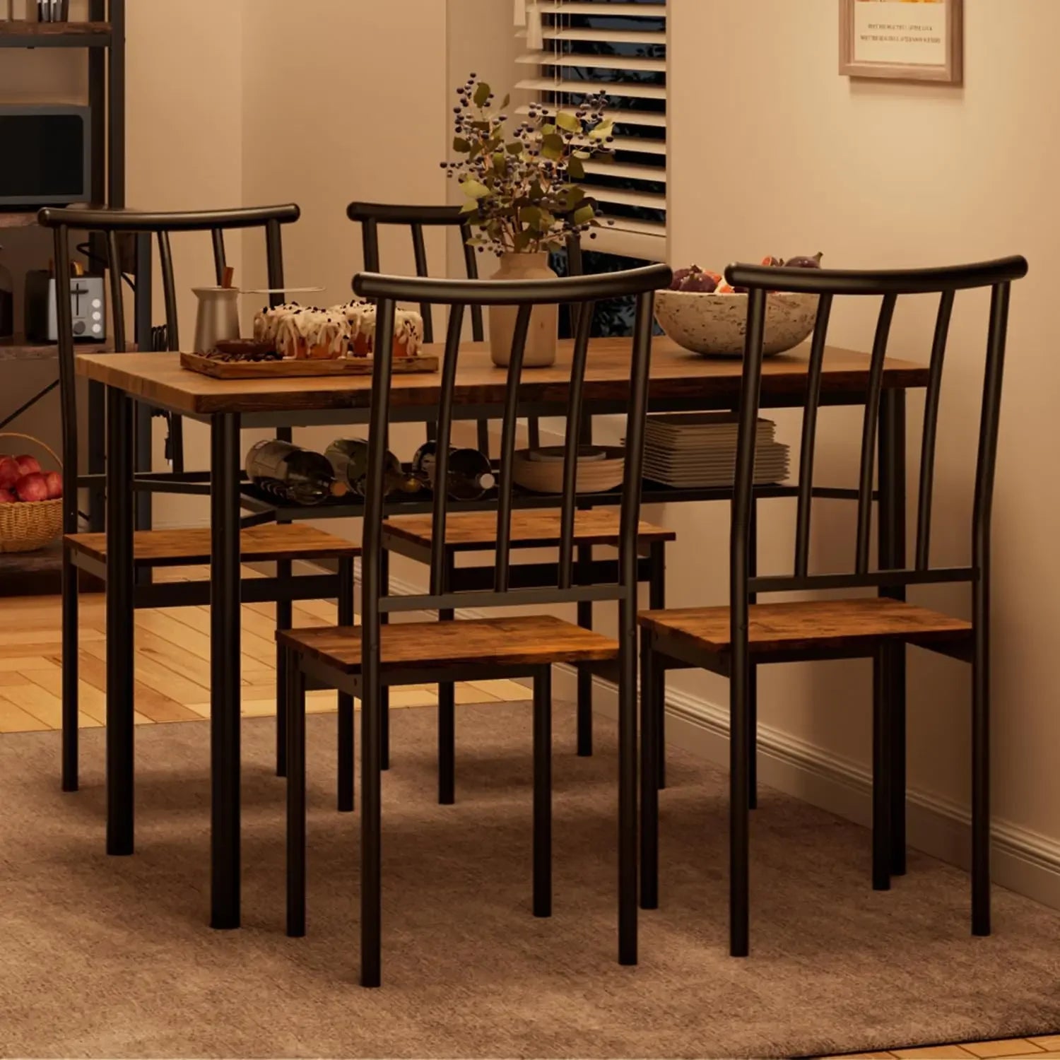 Dining Table Set for 4 with Storage Bench & Wine Rack