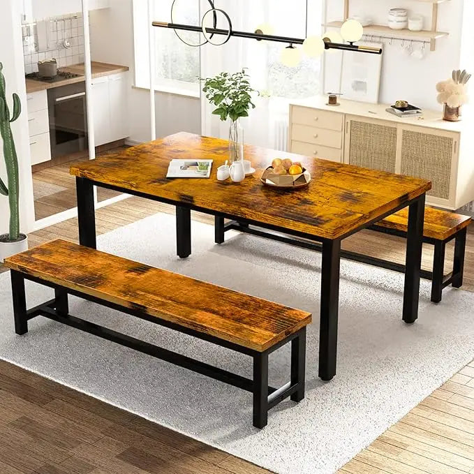 Dining Table Set with 2 Benches, Ideal for Home & Kitchen