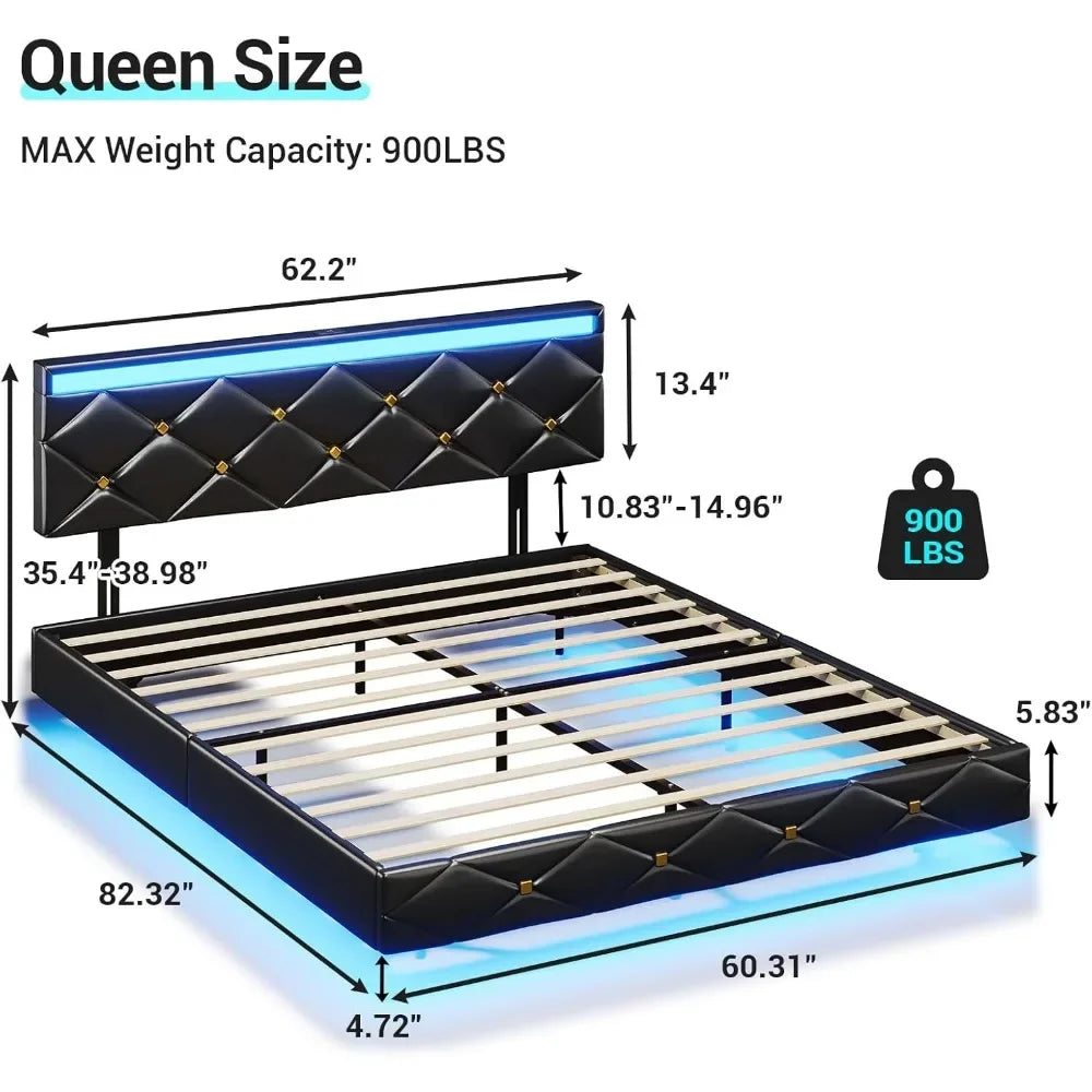 Queen Floating Bed Frame with Faux Leather Headboard