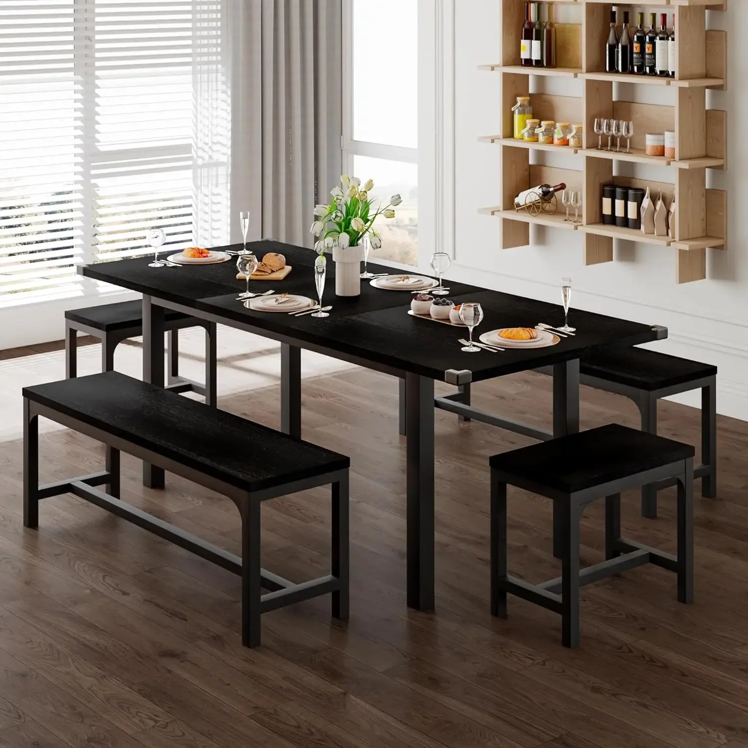 Table Set with 2 Benches and 2 Square Stools