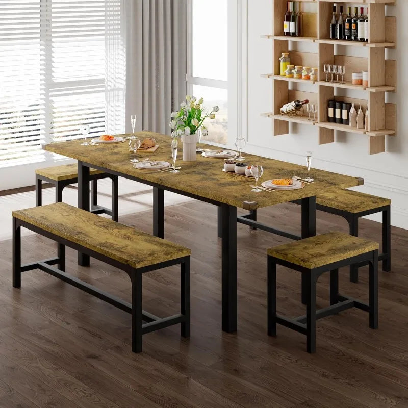 5-Piece Extendable Dining Table Set with 2 Benches