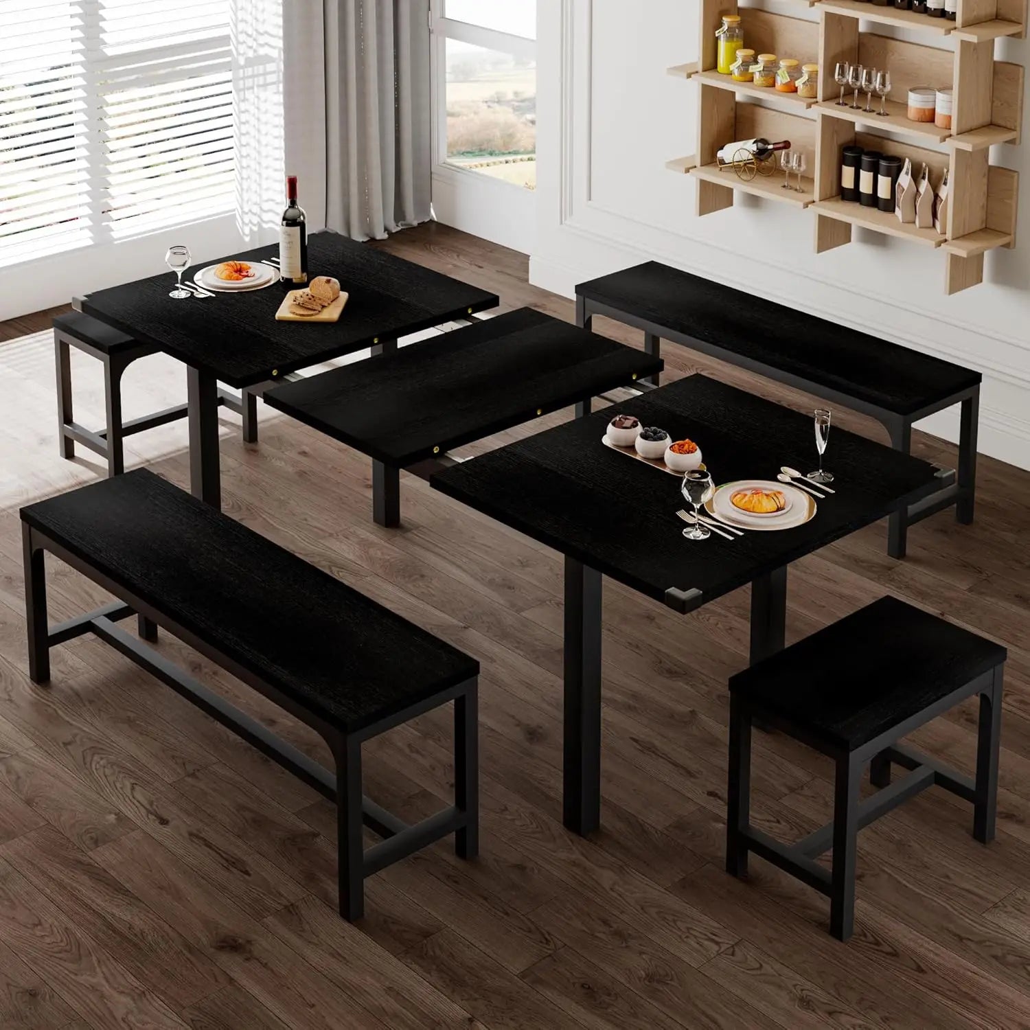 Extendable Dining Table Set with Benches & Stools
