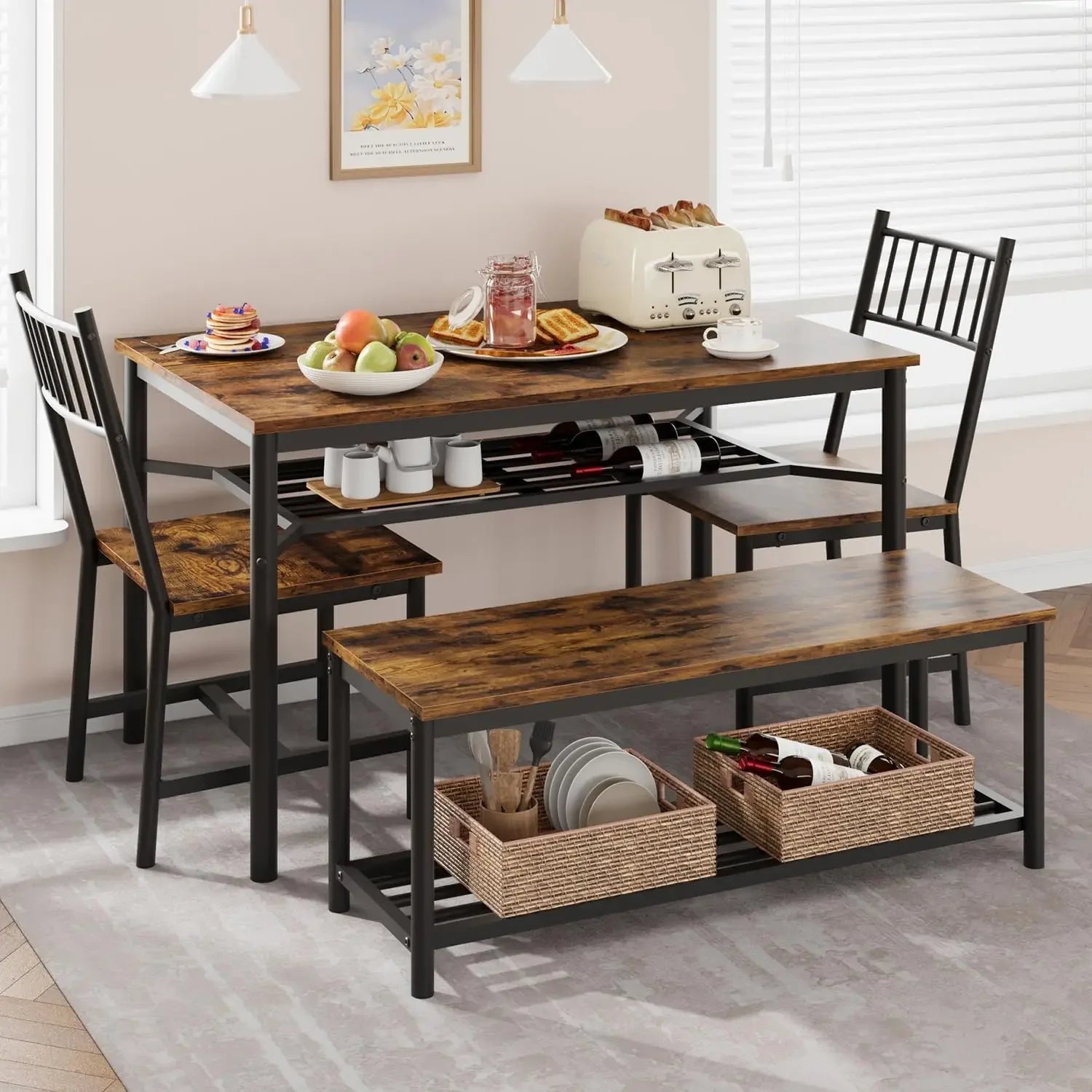 Dining Table Set for 4 with Storage Bench & Wine Rack